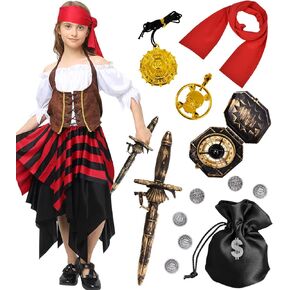 Latocos Pirate Costume for Kids Girls Pretend Role Play Dress Up Halloween Costumes Birthday Gift Ages 3-12 Years