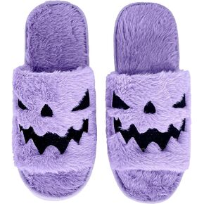 Halloween Pumpkin Slippers Women Men Jack O Lantern Fuzzy Spooky Slides Soft Plush Cozy Open Toe Slippers Indoor Outdoor