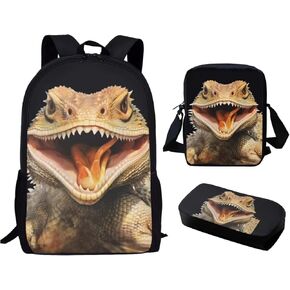 Xpyiqun 3 pcs School Bag Set Lizards Backpack Purse for Elementary School Boys Bookbag Middle High Schoolbag Bookbag with Crossbody Bag Pencil Case Junior Students Knapsack for Daycare