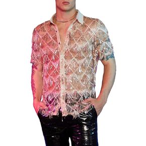 WDIRARA Men's Sequin Decor Fringe Button Front Shirts Short Sleeve Sheer Party T Shirt