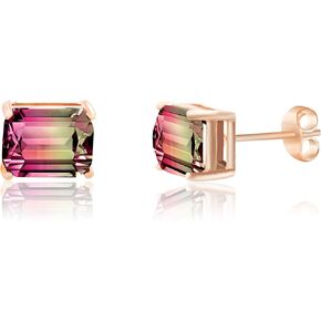 Devin Rose Sterling Silver Emerald Shaped Simulated Watermelon Tourmaline Stud Earrings for Women Horizontal