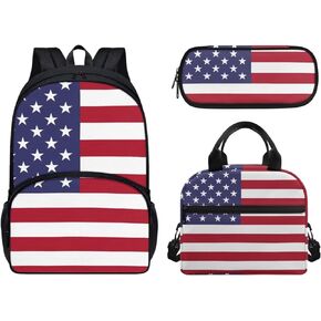 Renewold American Flag Print Kids Backpack Set School Book Bag Insulated Lunch Bag Pencil Case Set of 3 pcs Middle Elementary Student Backpacks Schoolbag Portable for Beach Daily Travel