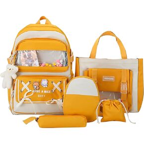 5PCS Kawaii Backpack Set with Cute Pendants and Pins Accessories Aesthetic Rucksack for Teen Girls 17in Cute School Bags Bookbag with Shoulder Bag,Pencil Box,Tote Bag,Small Bag,Black