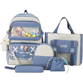 5PCS Kawaii Backpack Set with Cute Pendants and Pins Accessories Aesthetic Rucksack for Teen Girls 17in Cute School Bags Bookbag with Shoulder Bag,Pencil Box,Tote Bag,Small Bag,Black