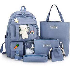 Kawaii 5PCS Backpack Set for Girls with Cute Bear Accessories - School Bookbag, Shoulder Bag, Handbag, Pen Pouch & More - Perfect for Student Back to School Supplies, Off-White