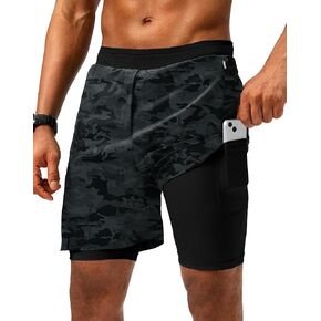 Pudolla Men's 2 in 1 Running Shorts 7" Lightweight Workout Athletic Gym Shorts for Men with Zipper Pockets(Black Camo Large)
