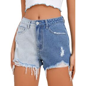 Floerns Women's Colorblock High Waist Ripped Raw Hem Denim Shorts