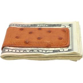 Real Leather Creations Cognac Genuine Ostrich Magnetic Money Clip with Super Strong Magnets - Made in USA FBA507