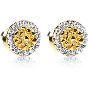 Round Unisex 14K Yellow Gold Plated 925 Sterling Silver Circle Small 90's Hip Hop Ice Out 5A Cz Little Hypoallergenic Solid Gold Nugget Stud Cubic Zirconia Screw Back Earrings For Men Women