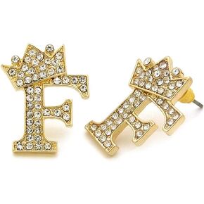 Fashion 21 Hip Hop Crown Tilted Initial Alphabet Letter Pierced Post Stud Earring Gold, Silver Tone