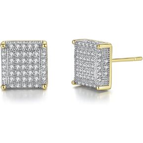 Gold Plated Sparkly Simple Square Shaped Pave Clear Swarovski Elements Cubic Zirconia Stud Earrings Fashion Jewelry for Unisex Adult