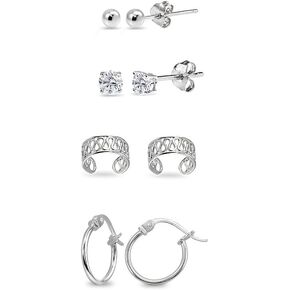 Sterling Silver Unisex 12mm Small Hoops, 3mm Round Ball & CZ Stud Earrings Set Combos, Choice of Set and Metal