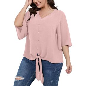 SCOMCHIC Women's Plus Size Blouses V Neck Tops 3/4 Sleeve Tie Knot Casual False Button Down Shirts XL-5XL