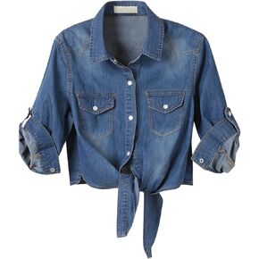 Century Star Women's 3/4 Sleeve Denim Shirt Chambray Crop Top Jean Tie Cardigan Front Knot