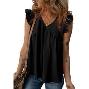 Dokotoo Womens Summer Tops Cute V Neck Ruffle Cap Sleeve Babydoll Blouses Shirts