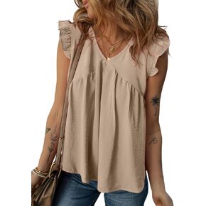 Dokotoo Womens Summer Tops Cute V Neck Ruffle Cap Sleeve Babydoll Blouses Shirts