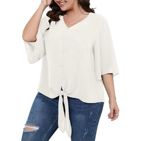 SCOMCHIC Women's Plus Size Blouses V Neck Tops 3/4 Sleeve Tie Knot Casual False Button Down Shirts XL-5XL in Kuwait
