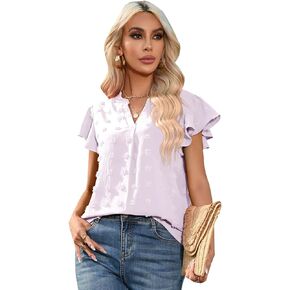 LiLLiYADi Women 2023 Summer V Neck Ruffle Short Sleeve Blouse Swiss Dot Flowy Shirt Tunic Tops Loose Fit T-Shirt