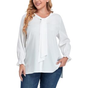 Plus Size Bow Tie Neck Vintage Blouse for Women Button Down Shirts Office Chiffon Tops