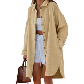 FSHAOES Womens Lapel Collar Long Corduroy Shirts Casual Button Down Side Slit Oversized Shacket Coat
