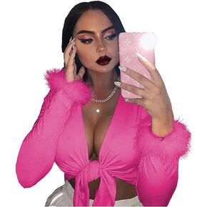 بلوزة نسائية Zoyami مثيرة برباط أمامي وأكمام طويلة وحواف من الريش ورقبة على شكل حرف V