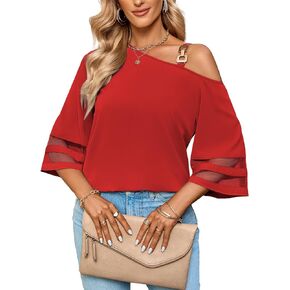 LYANER Women's Cold Shoulder Mesh Panel 3/4 Bell Sleeve Casual Top Blouse Shirt