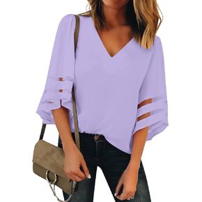 Utyful Dressy Tops for Women Women's Summer Casual V Neck Mesh Panel 3/4 Bell Sleeve Loose Blouse Top