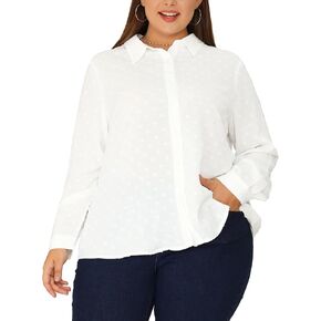 Agnes Orinda Plus Size Swiss Dots Shirt for Women Long Sleeve Button Tops Blouse