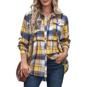 Kedera Plaid Flannel Shirts for Women Oversized Long Sleeve Button Down Buffalo Plaid Babydoll Shirt Blouse Tops