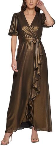 DKNY Women's Foil Chiffon Ruffle Skirt V-Neck Dress in Kuwait