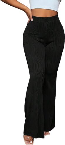 سراويل نسائية مرنة عالية الخصر ذات جرس سفلي منسوجة سراويل عمل واسعة in Kuwait