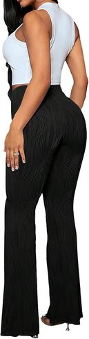 سراويل نسائية مرنة عالية الخصر ذات جرس سفلي منسوجة سراويل عمل واسعة in Kuwait