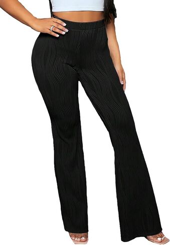 سراويل نسائية مرنة عالية الخصر ذات جرس سفلي منسوجة سراويل عمل واسعة in Kuwait