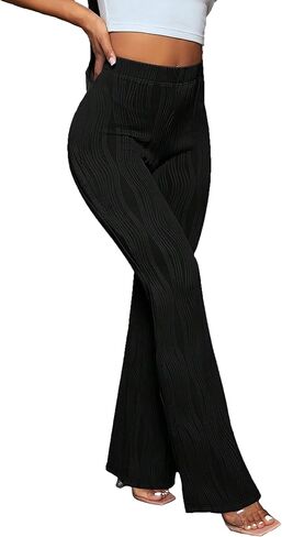 سراويل نسائية مرنة عالية الخصر ذات جرس سفلي منسوجة سراويل عمل واسعة in Kuwait