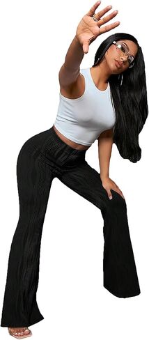 سراويل نسائية مرنة عالية الخصر ذات جرس سفلي منسوجة سراويل عمل واسعة in Kuwait