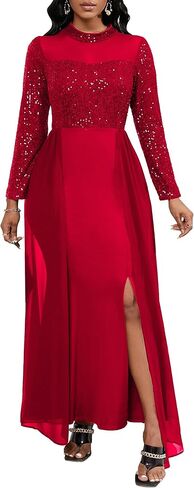 VERWIN Women's Bodycon Sequins Dress Mesh Chiffon Shoulder Maxi Dress Side Slit Patchwork Overlay Dress in Kuwait