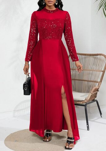 VERWIN Women's Bodycon Sequins Dress Mesh Chiffon Shoulder Maxi Dress Side Slit Patchwork Overlay Dress in Kuwait