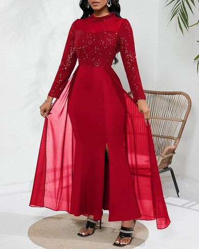 VERWIN Women's Bodycon Sequins Dress Mesh Chiffon Shoulder Maxi Dress Side Slit Patchwork Overlay Dress in Kuwait