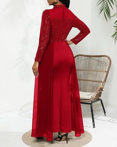 VERWIN Women's Bodycon Sequins Dress Mesh Chiffon Shoulder Maxi Dress Side Slit Patchwork Overlay Dress in Kuwait