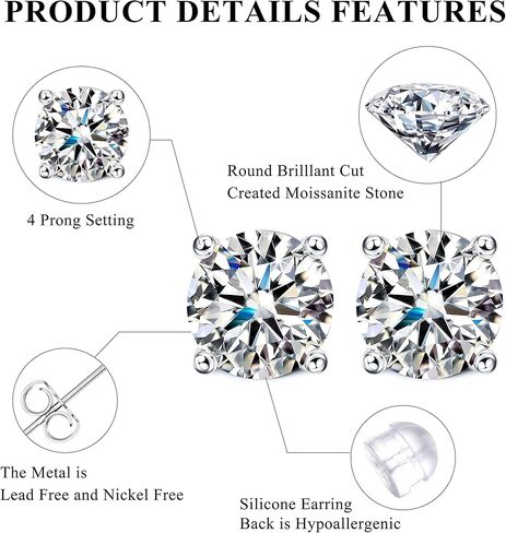 أقراط CASSIECA مويسانيتي مرصعة 0.6 قيراط - 4 قيراط D اللون VVS1 أقراط ألماس مستديرة رائعة ومطلية بالذهب الأبيض عيار 18 قيراط وأقراط مويسانيتي من الفضة الإسترليني عيار 925 in Kuwait