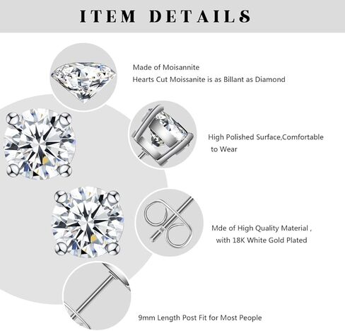 أقراط LZQIFA مويسانيتي للنساء والرجال والفتيات، أقراط ألماس مصنوعة في المختبر، مطلية بالذهب الأبيض عيار 18 قيراط 0.6 قيراط - 4 قيراط مجوهرات مويسانيتي in Kuwait