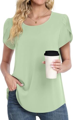 HOTGIFT 2024 Women Summer Tops Casual Short Sleeve Tunics Blouse for Leggings Crewneck Chiffon Shirts Soft Comfy T-Shirt in Saudi Arabia