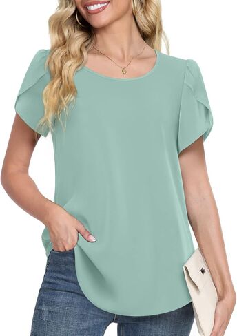 HOTGIFT 2024 Women Summer Tops Casual Short Sleeve Tunics Blouse for Leggings Crewneck Chiffon Shirts Soft Comfy T-Shirt in Saudi Arabia
