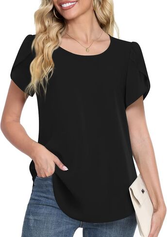 HOTGIFT 2024 Women Summer Tops Casual Short Sleeve Tunics Blouse for Leggings Crewneck Chiffon Shirts Soft Comfy T-Shirt in Saudi Arabia