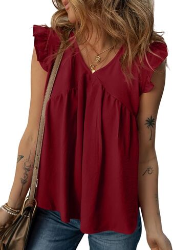 Dokotoo Womens Summer Tops Cute V Neck Ruffle Cap Sleeve Babydoll Blouses Shirts in Kuwait