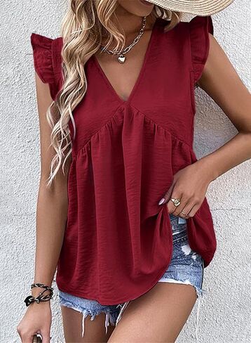 Dokotoo Womens Summer Tops Cute V Neck Ruffle Cap Sleeve Babydoll Blouses Shirts in Kuwait