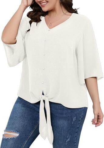 SCOMCHIC Women's Plus Size Blouses V Neck Tops 3/4 Sleeve Tie Knot Casual False Button Down Shirts XL-5XL in Kuwait