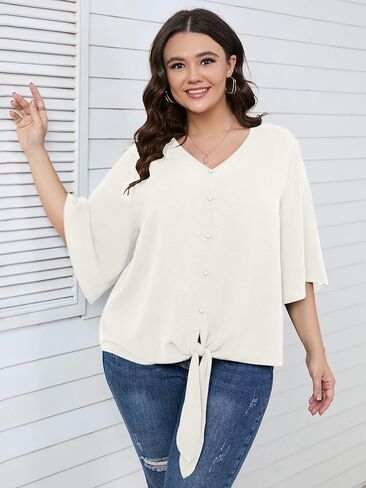 SCOMCHIC Women's Plus Size Blouses V Neck Tops 3/4 Sleeve Tie Knot Casual False Button Down Shirts XL-5XL in Kuwait