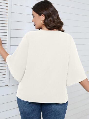 SCOMCHIC Women's Plus Size Blouses V Neck Tops 3/4 Sleeve Tie Knot Casual False Button Down Shirts XL-5XL in Kuwait