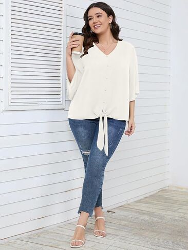 SCOMCHIC Women's Plus Size Blouses V Neck Tops 3/4 Sleeve Tie Knot Casual False Button Down Shirts XL-5XL in Kuwait